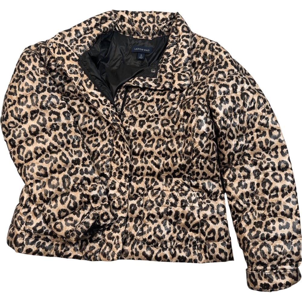 Lands' End Women's Down Puffer Jacket Tan Small Leopard Print Full Zip Quilted